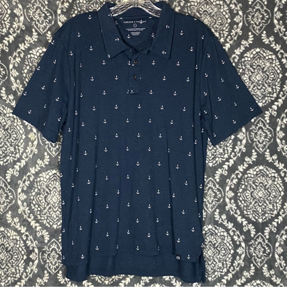 Threads 4 Thought Polo Shirt Large Navy Anchors Organic Recycled Sustainable